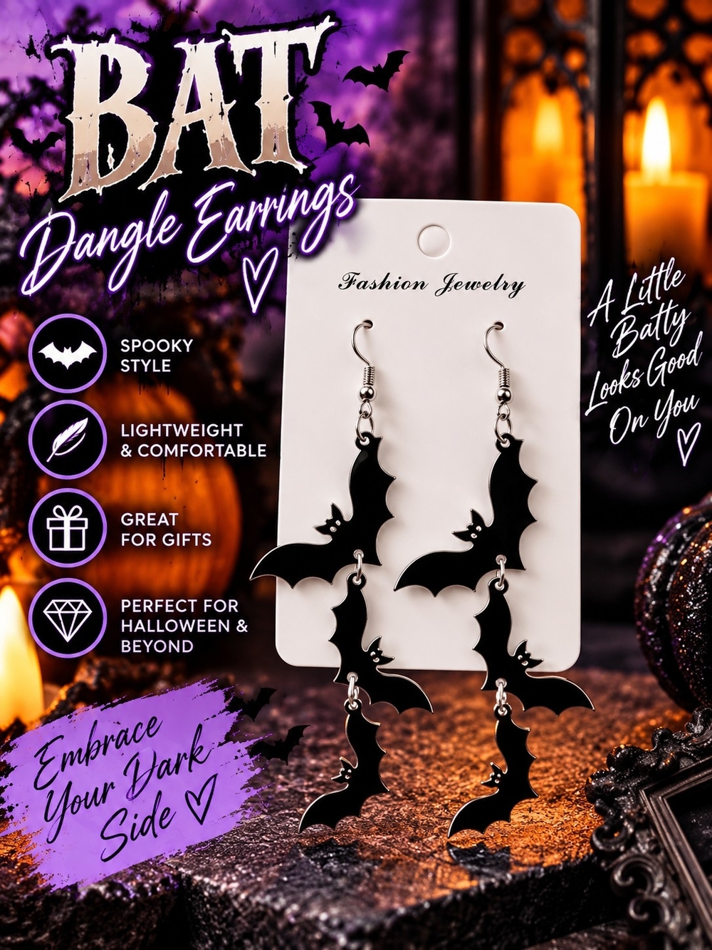 Black Bat Triple Dangle Earrings!!